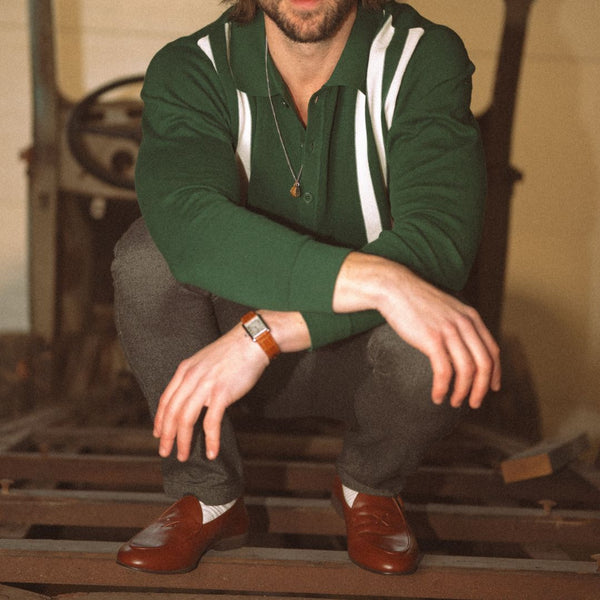 Del Toro Shoes Men's Vintage Stripe Polo Cardigan - Green/ Cream Stripe Green / Cream Stripe