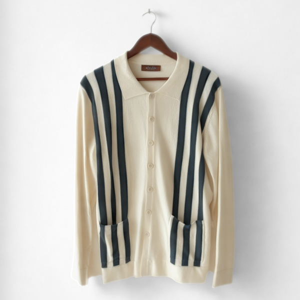 Del Toro Shoes Men's Vintage Stripe Polo Cardigan - Vintage White / Oceana Stripe Vintage White / Oceana Stripe