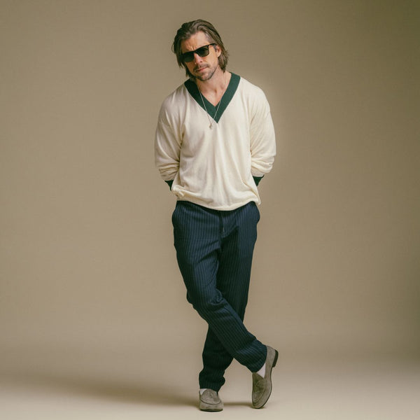 Del Toro Shoes Men's Vintage V-Neck Sweater - Vintage White / Forest Green Vintage White / Forest Green