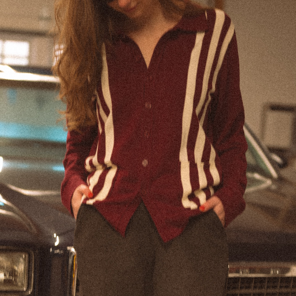 Del Toro Shoes Women's Vintage Stripe Polo Cardigan - Burgundy / Cream Stripe Burgundy / Cream Stripe