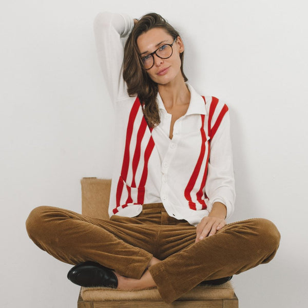 Del Toro Shoes Women's Vintage Stripe Polo Cardigan - Vintage White / Red Stripe Vintage White / Red Stripe