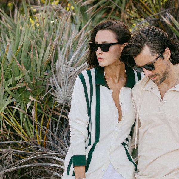 Del Toro Shoes Women's Vintage Stripe Polo Cardigan - Vintage White / Forest Stripe Vintage White / Forest Stripe