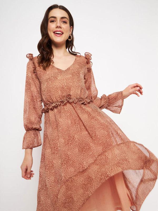 Delan Animal Chiffon Print V Neck Midi Dress