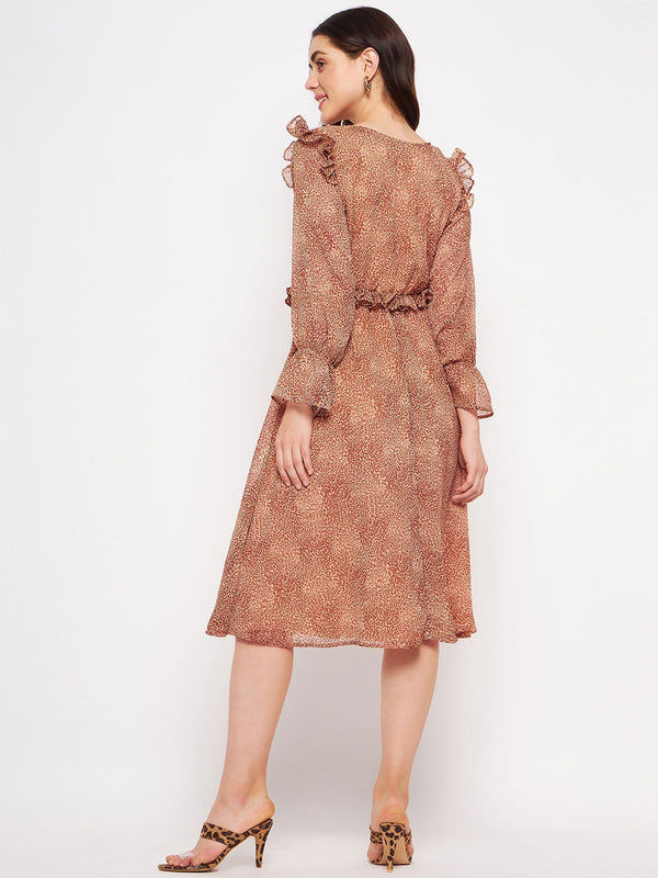 Delan Animal Chiffon Print V Neck Midi Dress