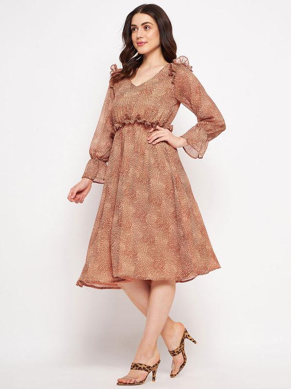 Delan Animal Chiffon Print V Neck Midi Dress