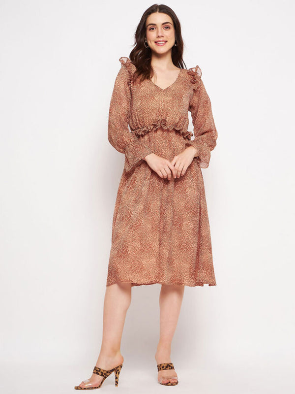 delan Animal Chiffon Print V neck Midi Dress