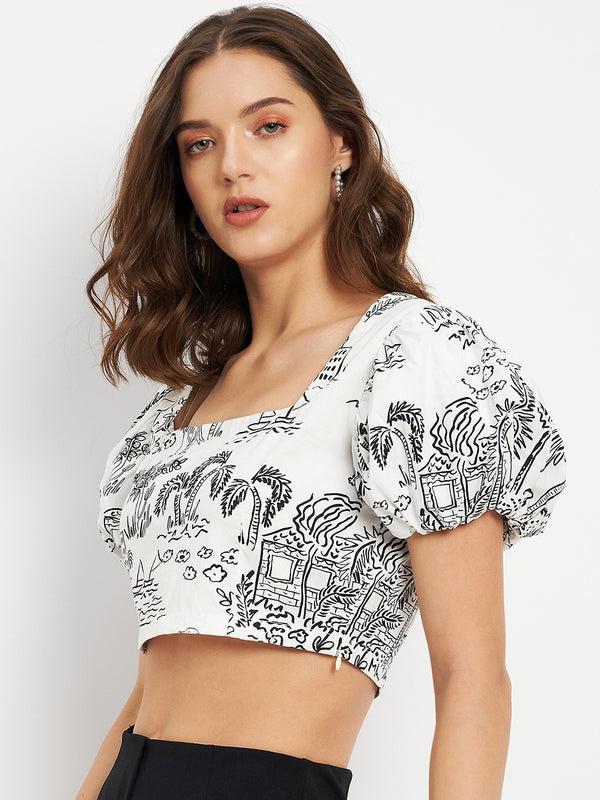 Delan Balloon Sleeve All Over Printed Top