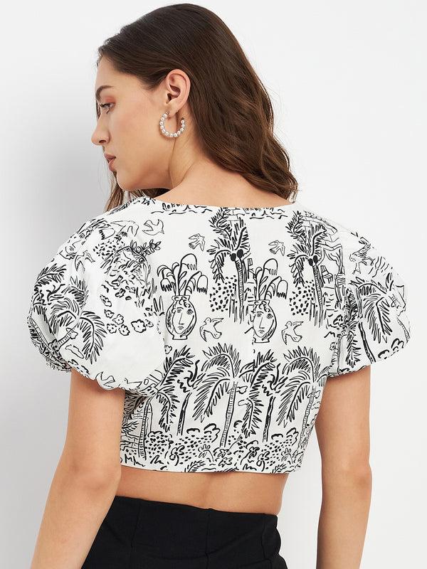 Delan Balloon Sleeve All Over Printed Top