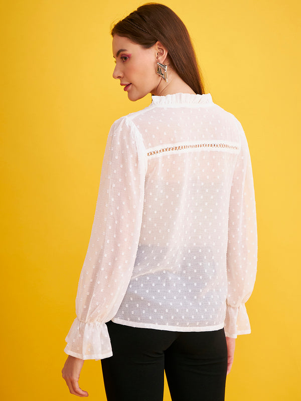 Delan Dobby Full Sleeves Ruffle Blouse