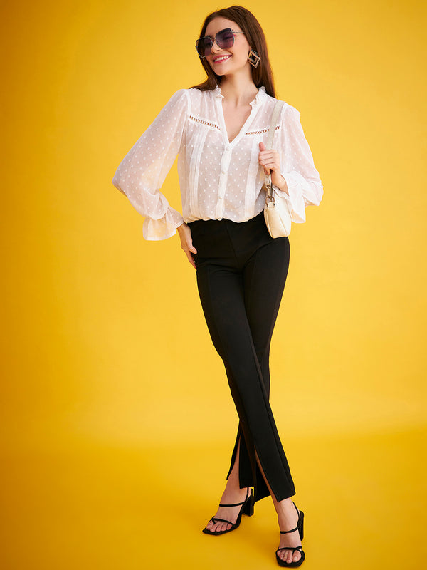 Delan Dobby Full Sleeves Ruffle Blouse