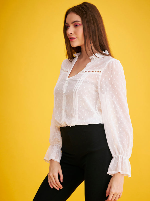 Delan Dobby Full Sleeves Ruffle Blouse