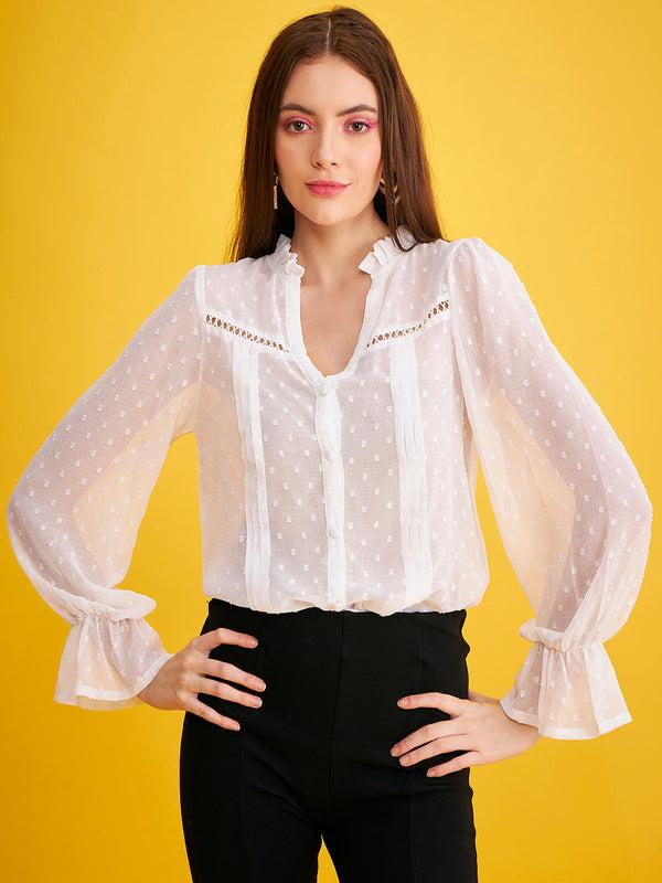 delan Dobby Full Sleeves Ruffle Blouse