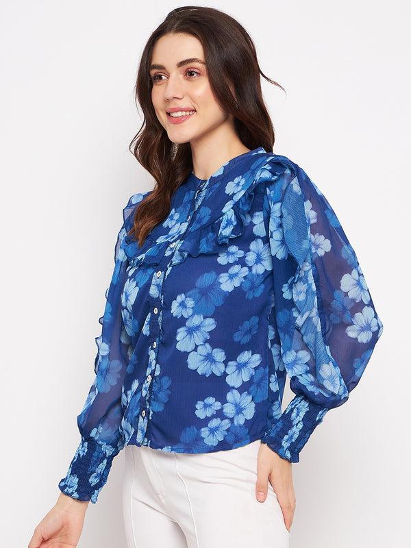 Delan Floral Chiffon Printed Full Sleeves Top