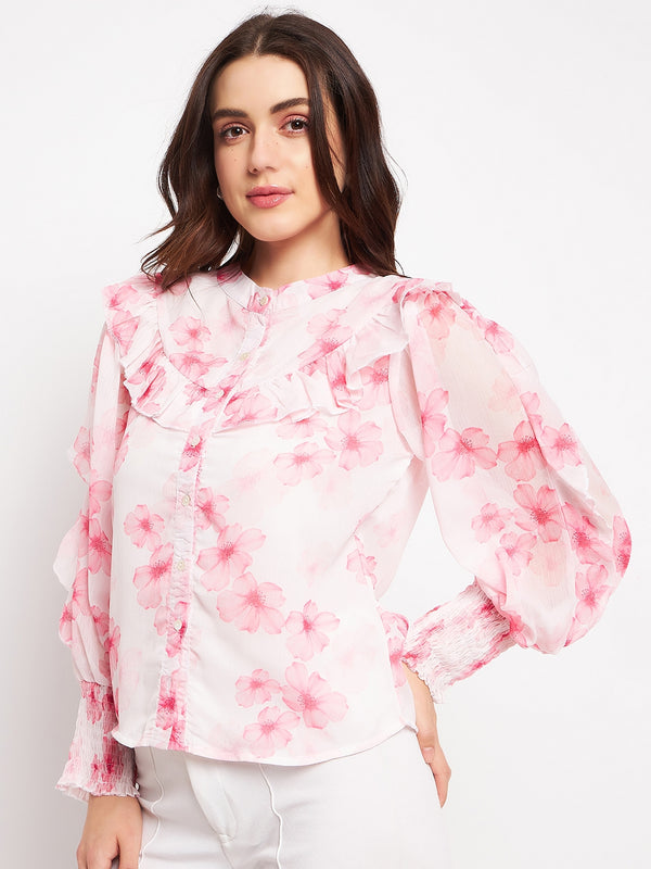 Delan Floral Chiffon Printed Full Sleeves Top