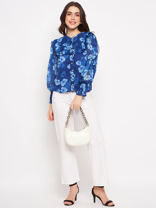 Delan Floral Chiffon Printed Full Sleeves Top
