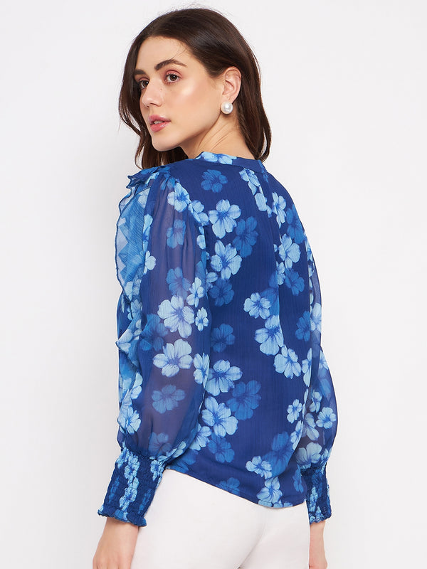 Delan Floral Chiffon Printed Full Sleeves Top