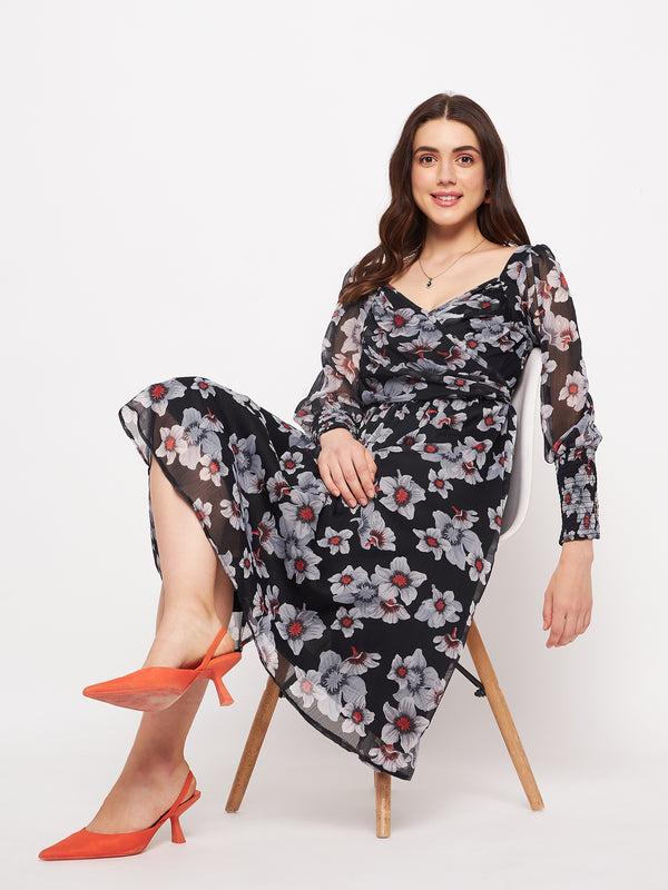 Delan Floral Chiffon Printed Smocked Dress
