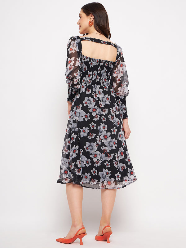 Delan Floral Chiffon Printed Smocked Dress