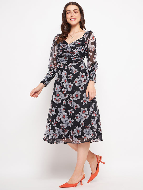 Delan Floral Chiffon Printed Smocked Dress