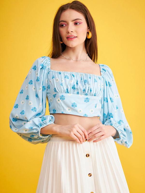 Delan Floral Puff Sleeves Crop Top
