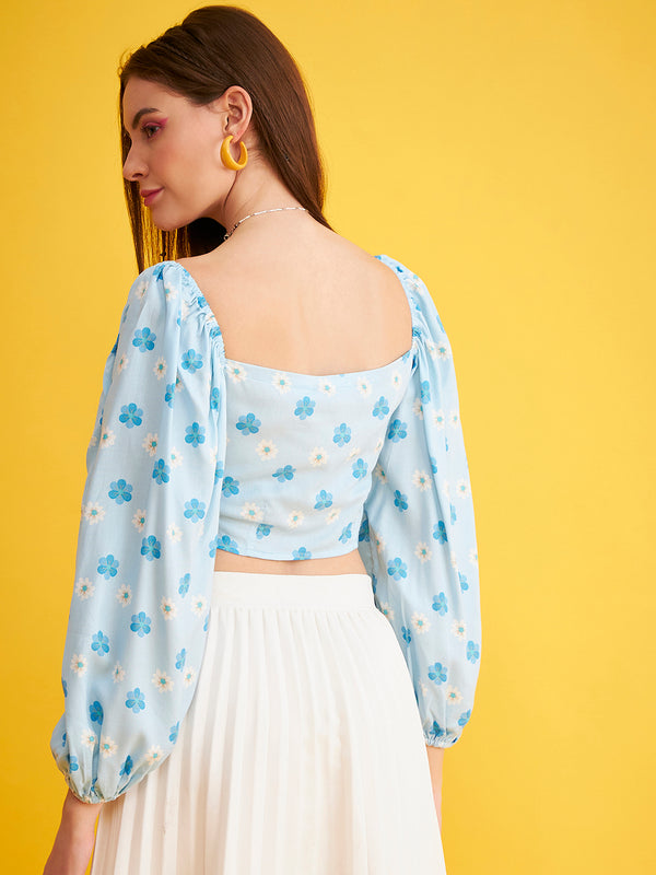 Delan Floral Puff Sleeves Crop Top