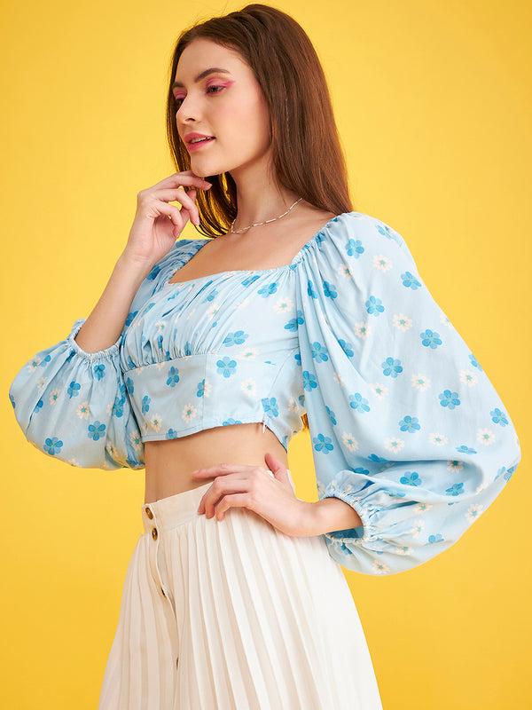 Delan Floral Puff Sleeves Crop Top