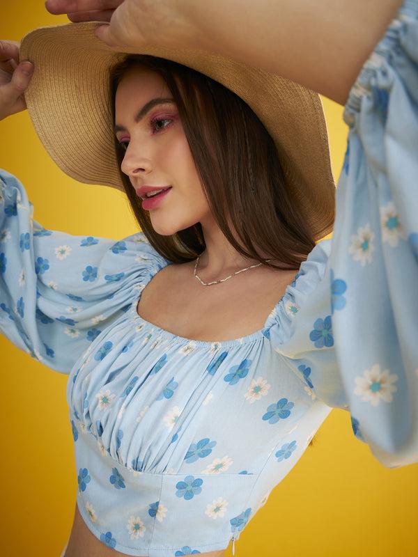 delan Floral Puff Sleeves Crop Top