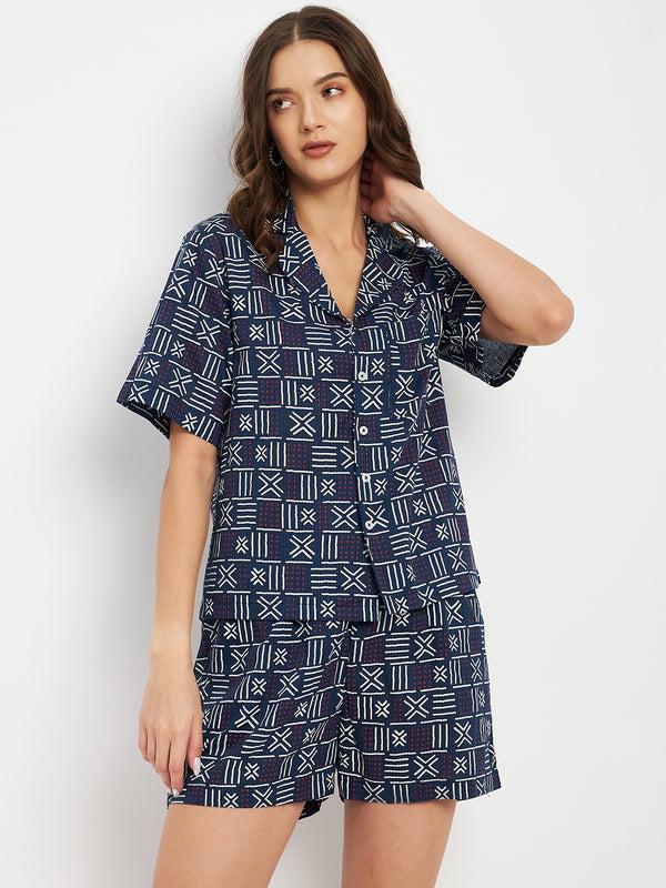 Delan Geometrical Printed Button Front Night Wear