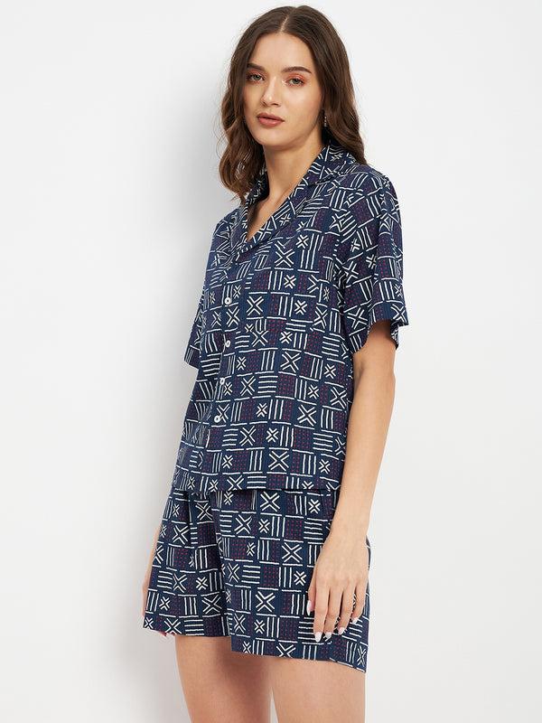 Delan Geometrical Printed Button Front Night Wear