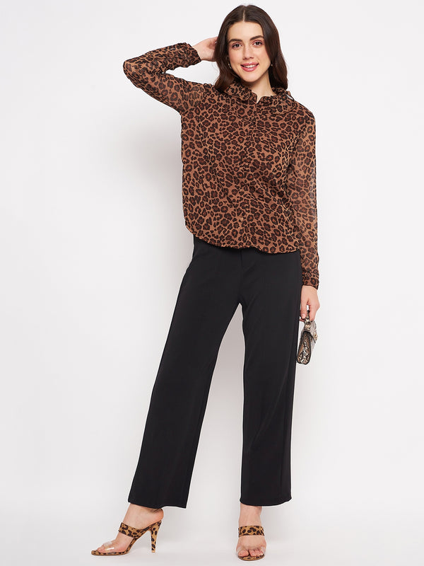 Delan Leopard Printed Chiffon Ruffle Collar Blouse