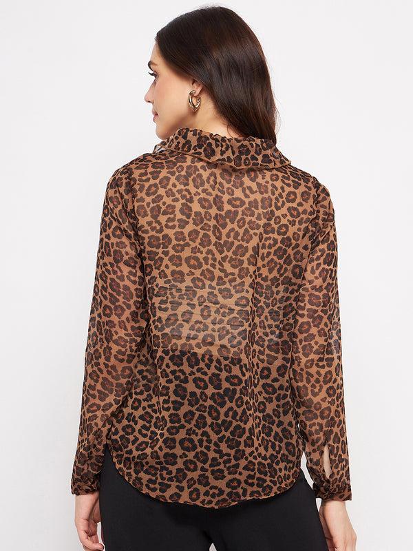 Delan Leopard Printed Chiffon Ruffle Collar Blouse