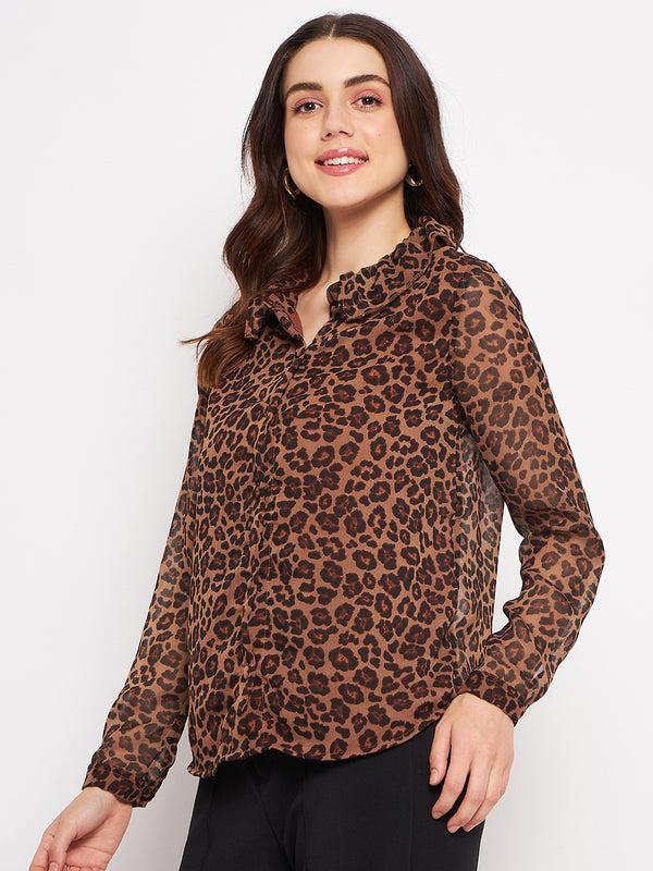 Delan Leopard Printed Chiffon Ruffle Collar Blouse