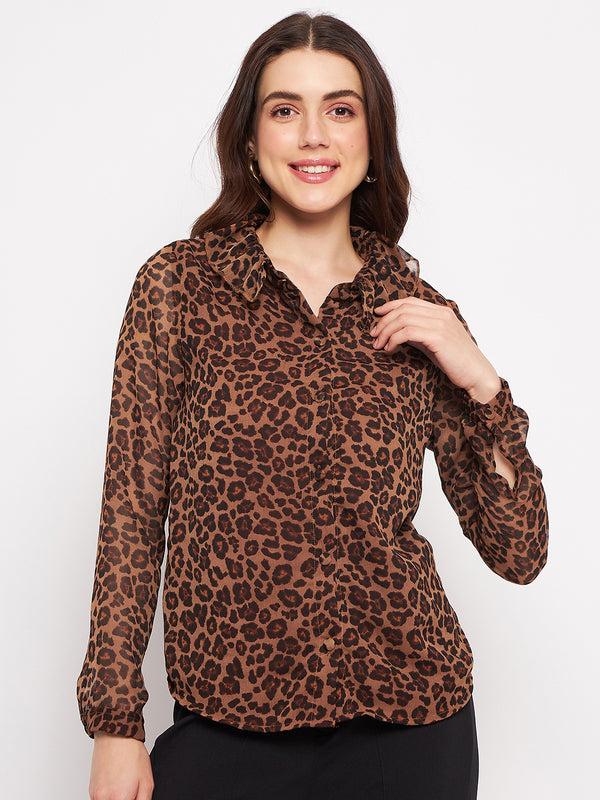 delan Leopard printed chiffon ruffle collar blouse