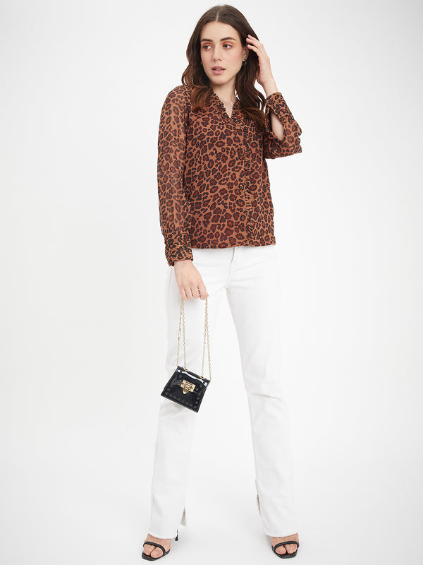 Delan Leopard Printed Chiffon Ruffle Trim Blouse