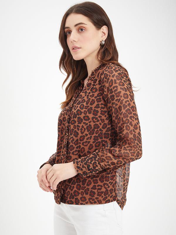 Delan Leopard Printed Chiffon Ruffle Trim Blouse