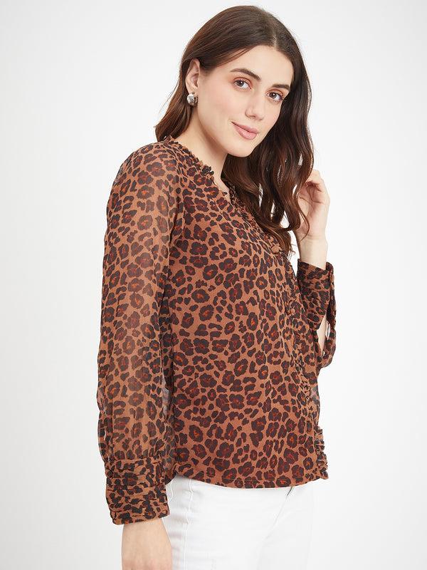 Delan Leopard Printed Chiffon Ruffle Trim Blouse