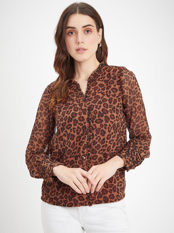 delan Leopard Printed Chiffon Ruffle Trim Blouse
