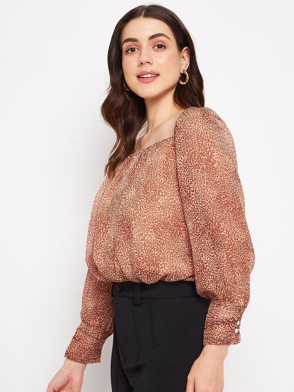 Delan Leopard Printed Square Neck Blouson Top