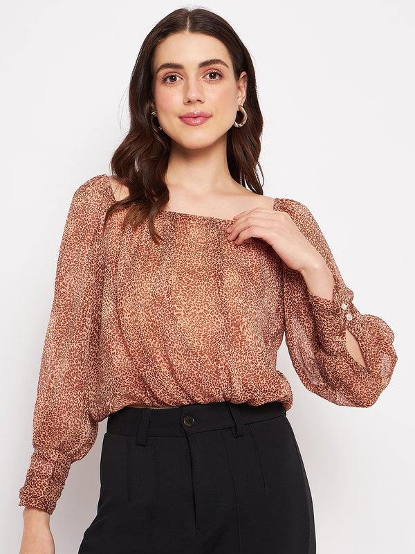 delan Leopard printed square neck blouson top