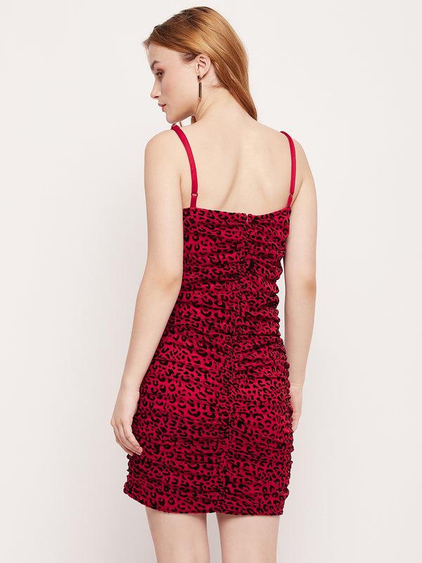Delan Leopard Raisin Gathered Mesh Dress