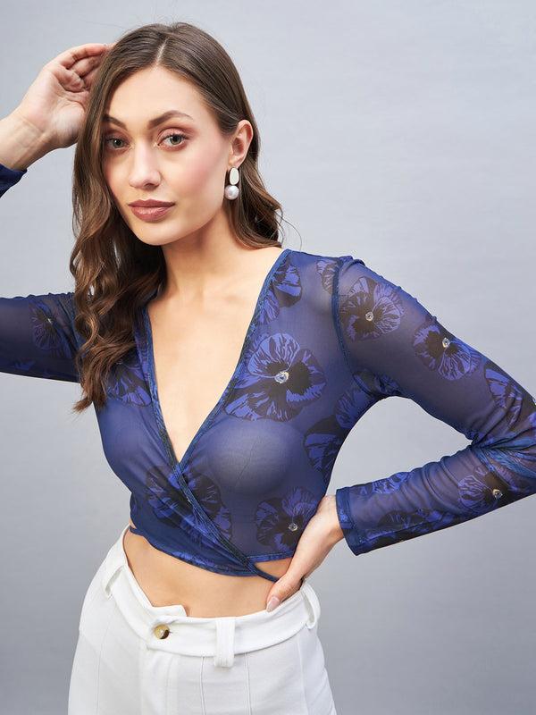 Delan Mesh Floral Printed Crop Top