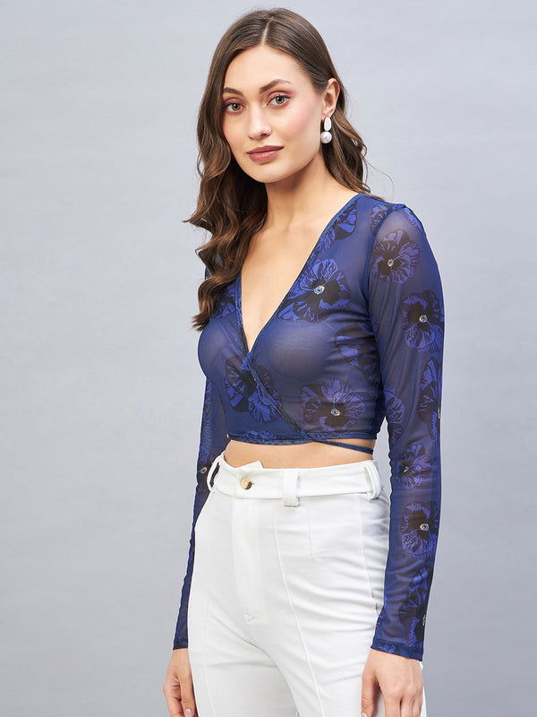 Delan Mesh Floral Printed Crop Top