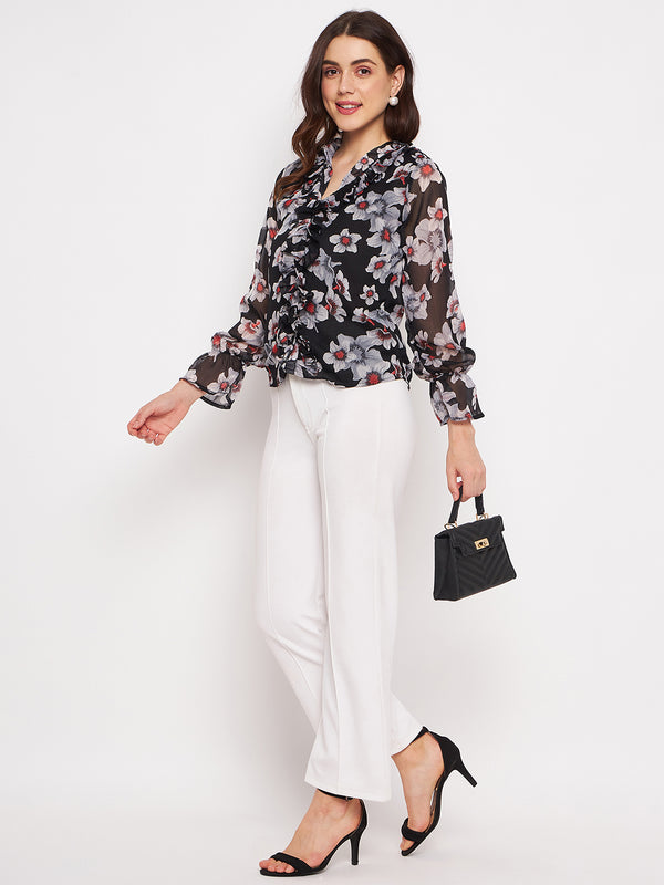 Delan Printed Chiffon Ruffle Full Sleeve Top