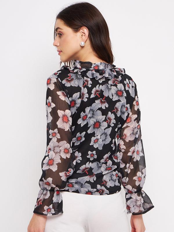 Delan Printed Chiffon Ruffle Full Sleeve Top