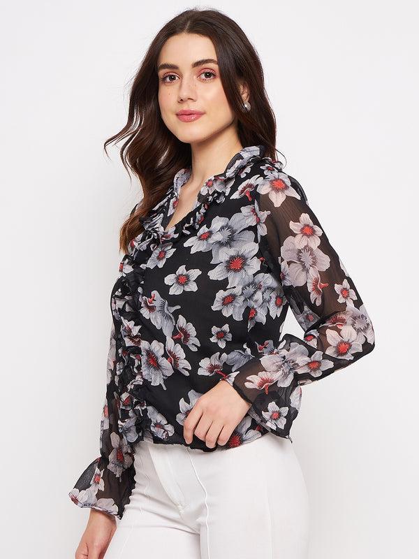 Delan Printed Chiffon Ruffle Full Sleeve Top