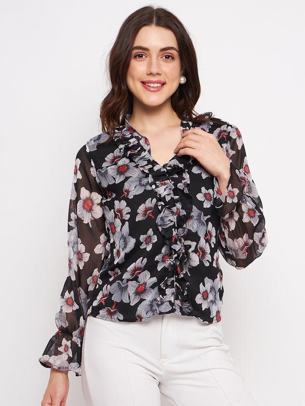 delan Printed chiffon ruffle full sleeve top