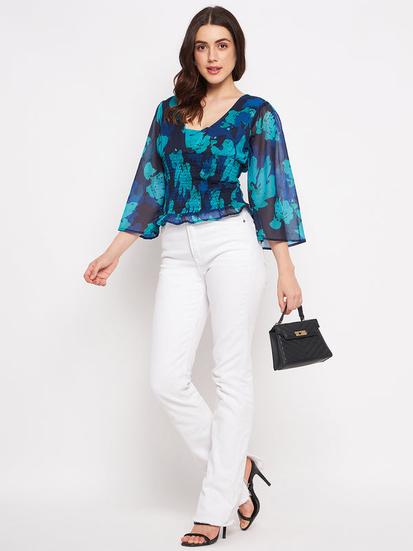 Delan Printed Chiffon Smocked Crop Top