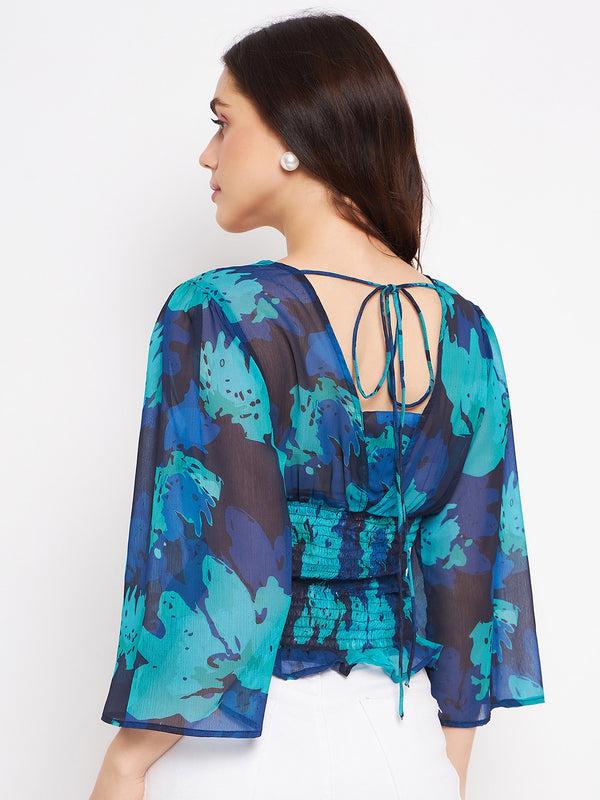 Delan Printed Chiffon Smocked Crop Top