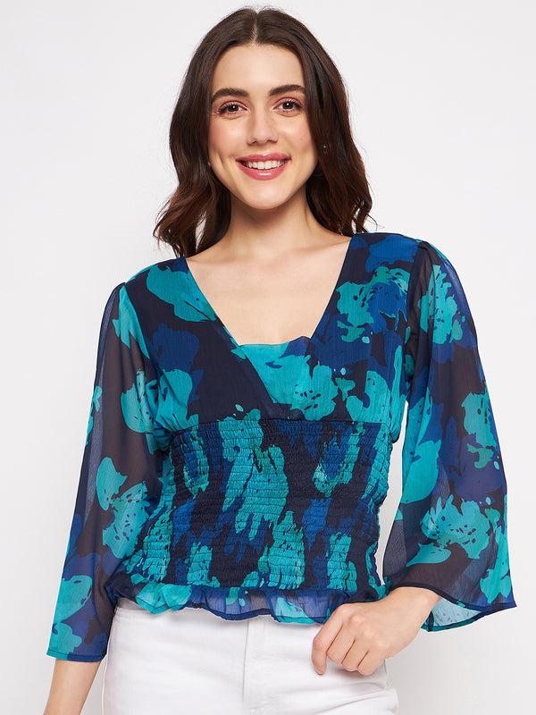 delan Printed chiffon smocked crop top