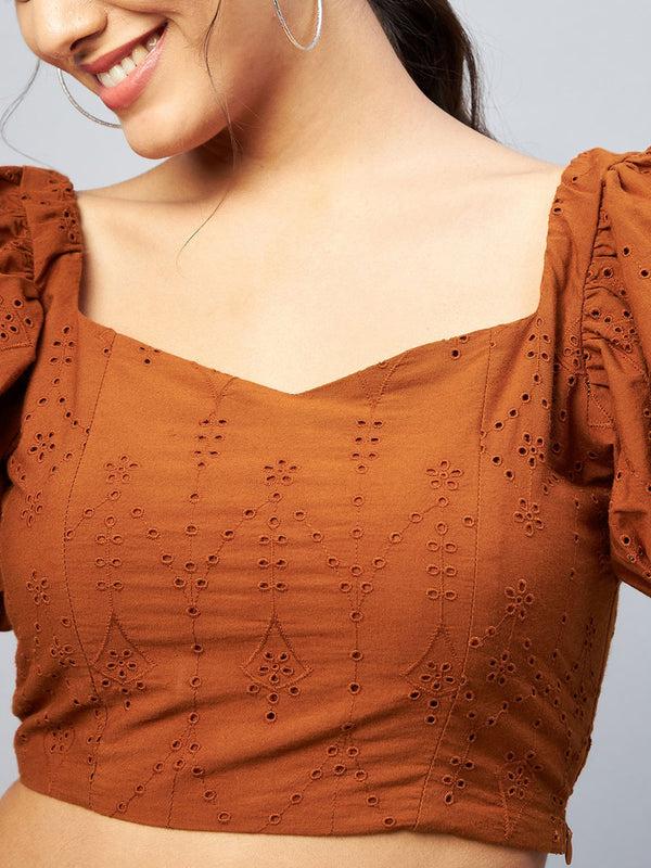 Delan Puff Sleeve Eyelet Crop Top